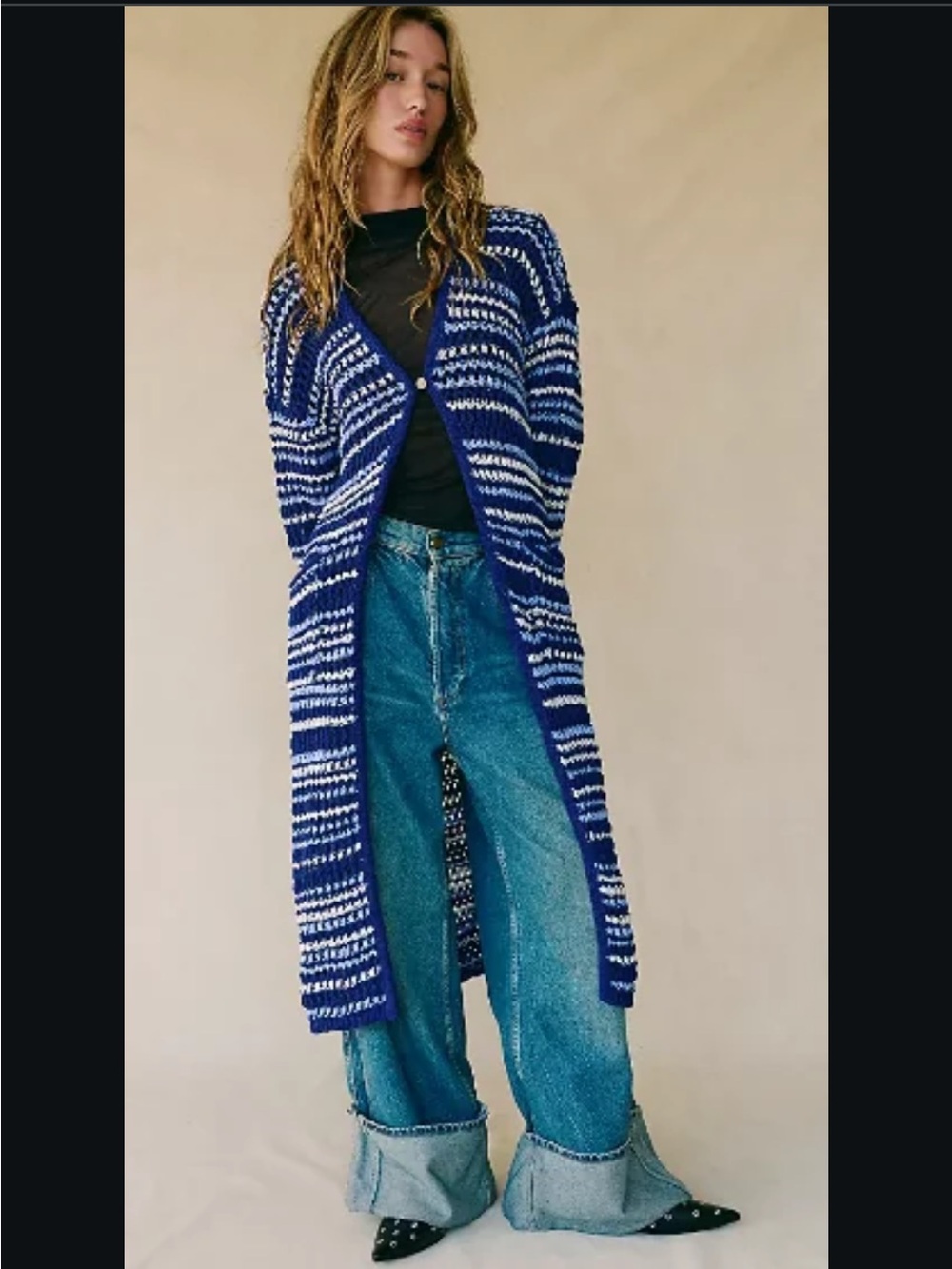 Free People Beach LG Blue & White Striped Long Knit Cardigan